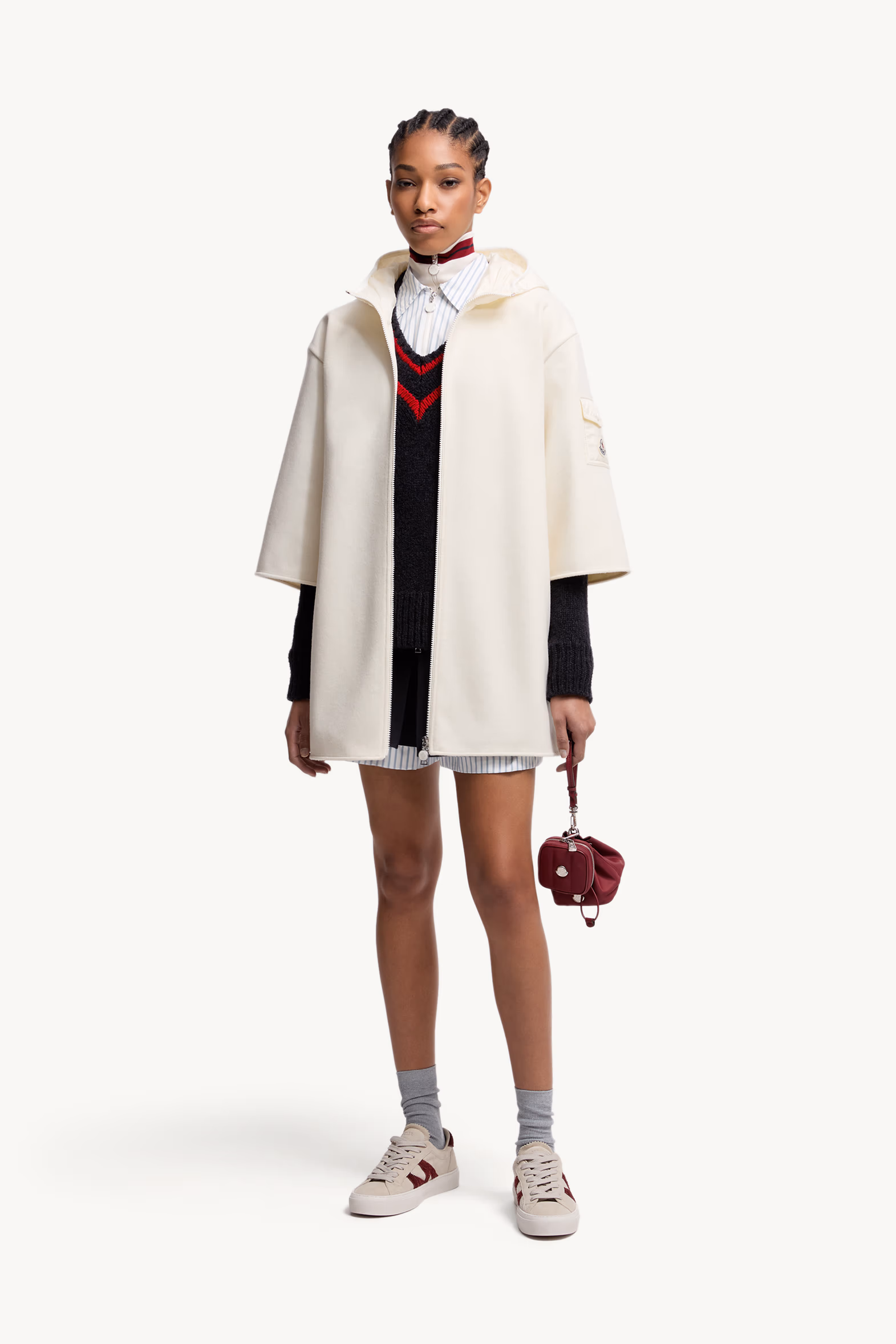 Wool Hooded Zip-Up Cape Women White Ivory Moncler 0